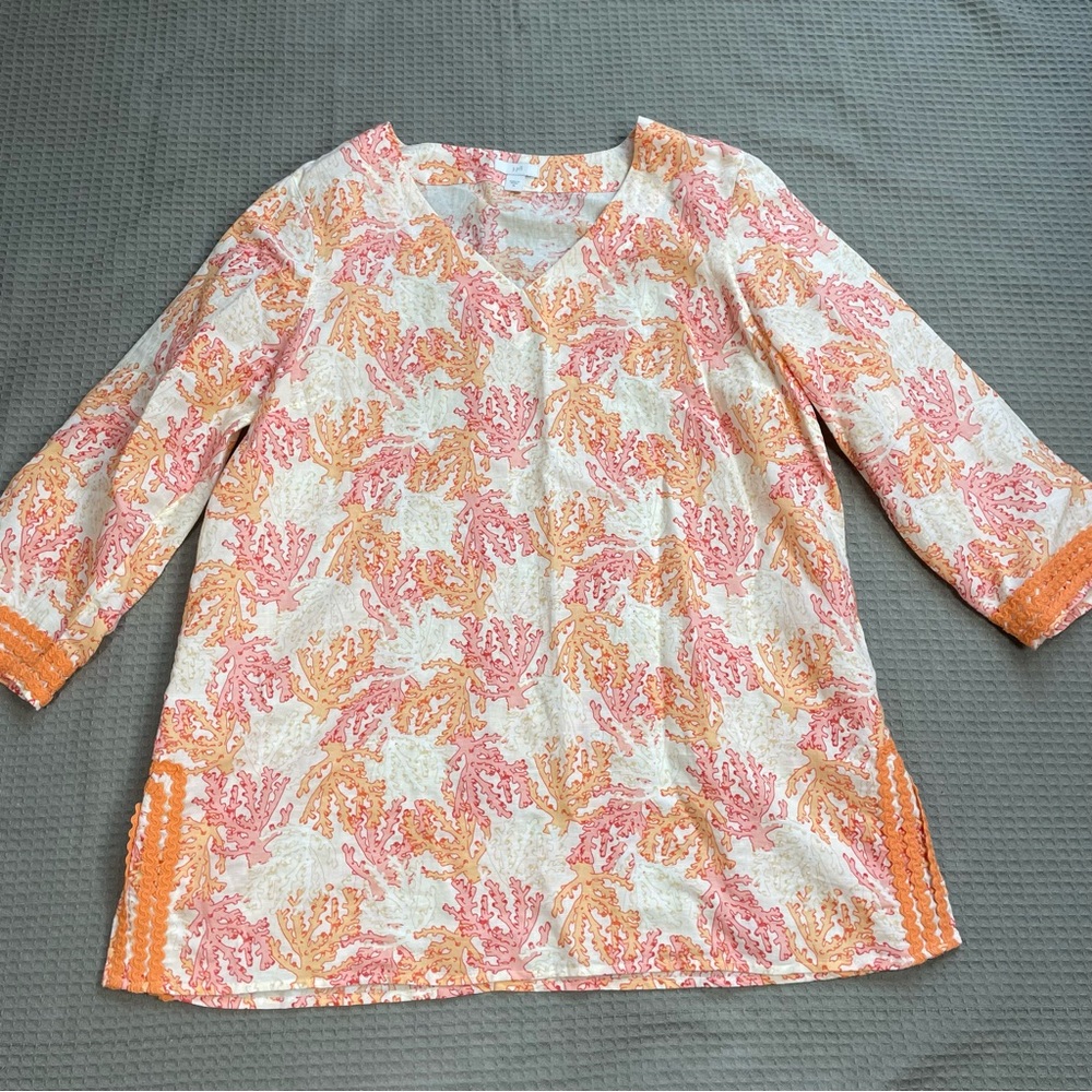 J.Jill Linen Blend Tunic Top Blouse Medium Womens Coral Print V-neck Embellished